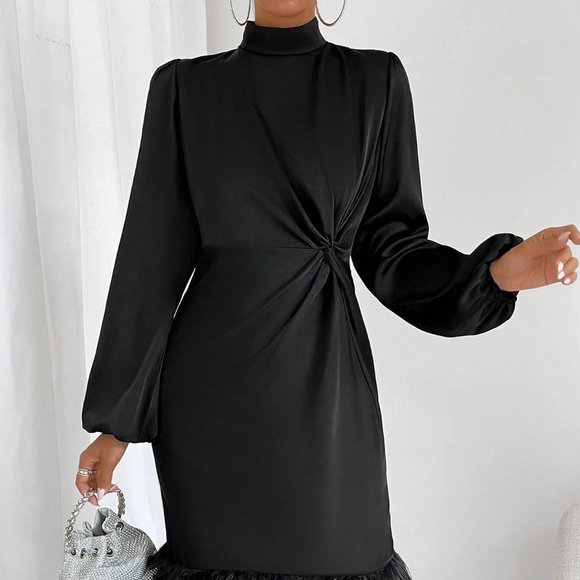 Black Preppy Womens Twist Front Fuzzy Trim Lantern Sleeve Dress - Picture 4 of 5